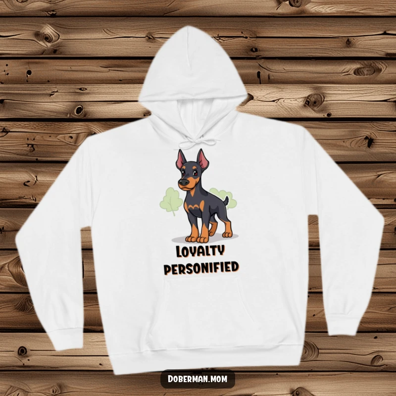 Funny Loyal Doberman Guardian Hoodie featuring a protective dog surveying its surroundings; cozy and humorous apparel for loyalists.