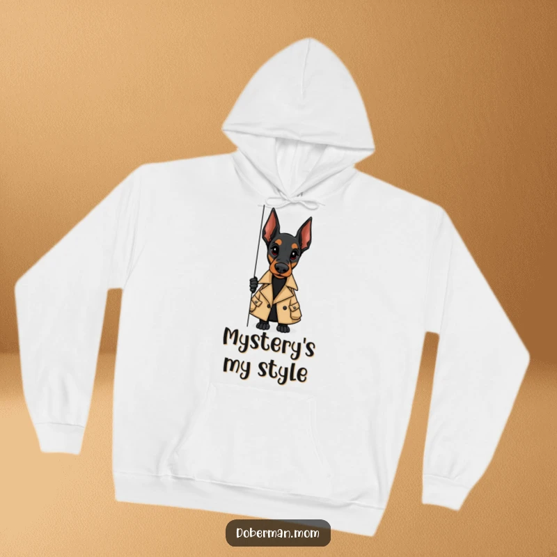 Funny hoodie depicting a Doberman in a fashionable trench coat, subtly peeking from behind a corner.