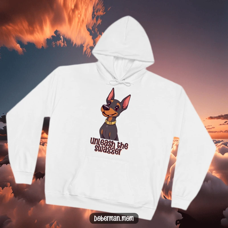 Funny Happy Doberman Pose Hoodie featuring a joyful dog in a sleek collar posing confidently; cozy and humorous apparel.