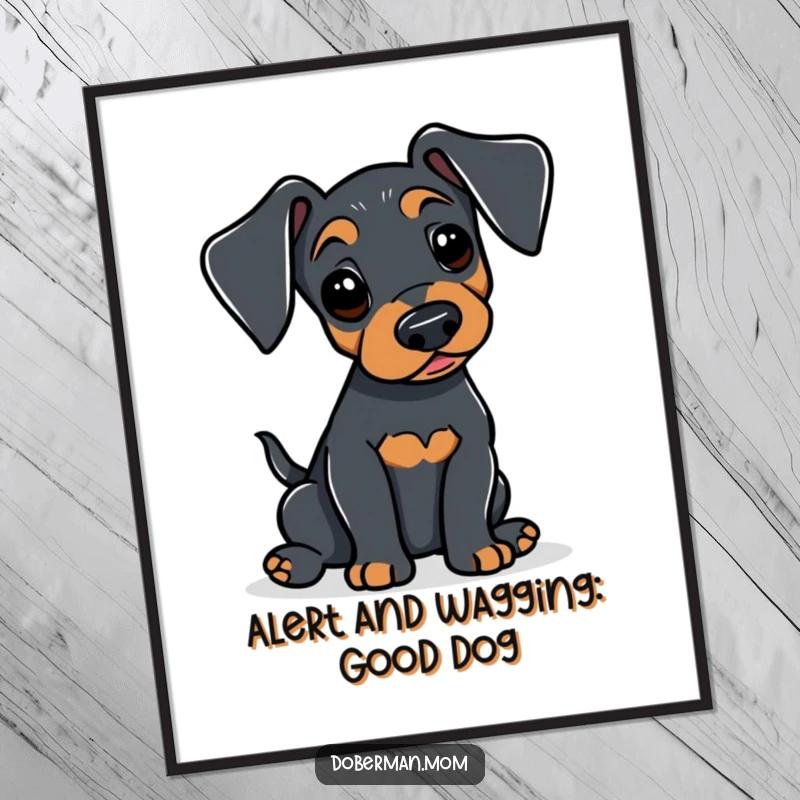Funny Free Printable Wall Art depicting a Doberman with alert ears gently wagging its tail, conveying warmth and friendly humor.