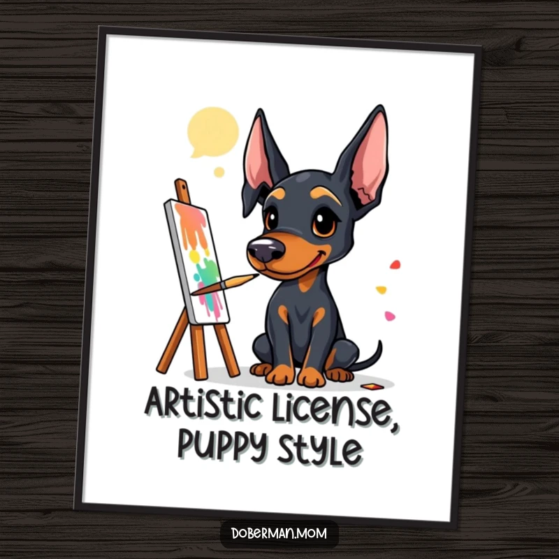 Funny Free Printable Wall Art: Doberman artist mid-stroke, palette in paw, painting a colorful, abstract world on canvas.