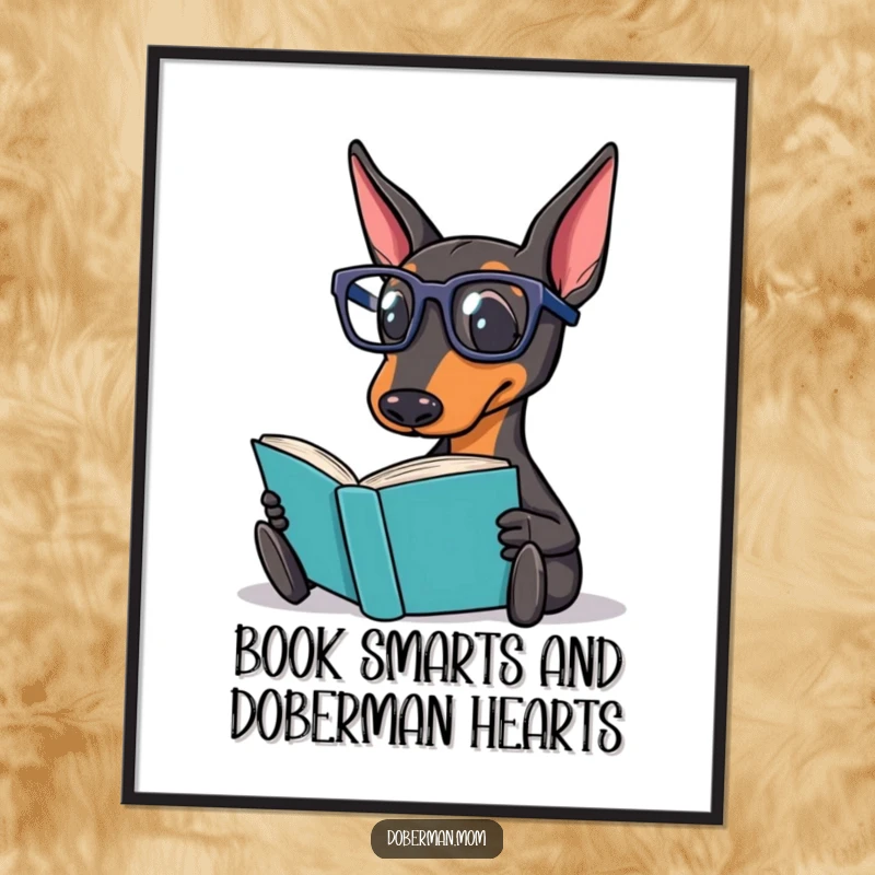 Funny Free Printable Wall Art: A Doberman dog wearing reading glasses, engrossed in a book, exuding scholarly charm.