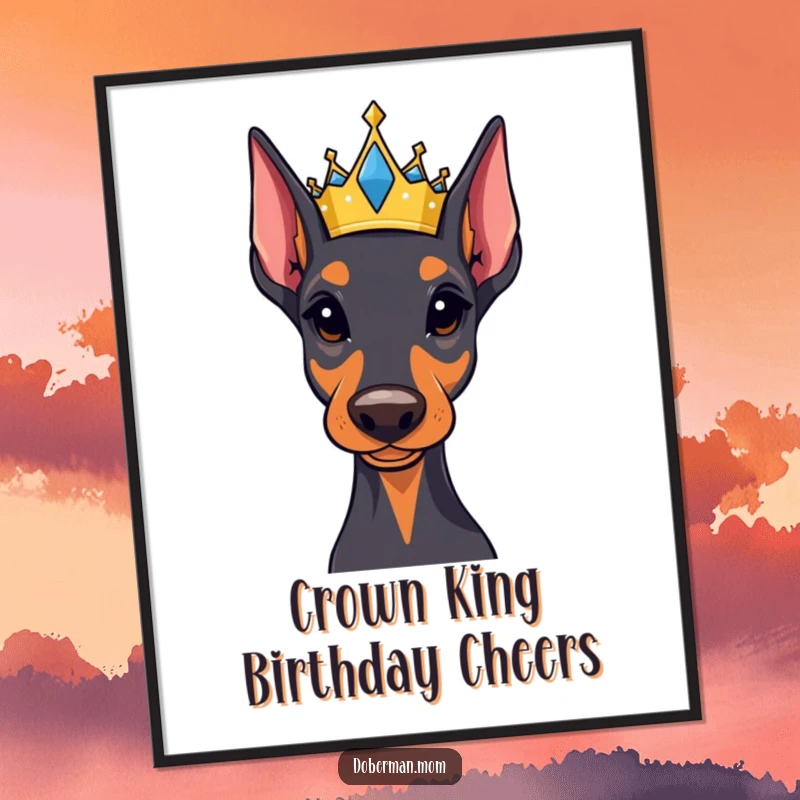 Funny Free Printable Wall Art: Regal Doberman wearing a small, glittering jeweled crown, looking distinguished and noble.