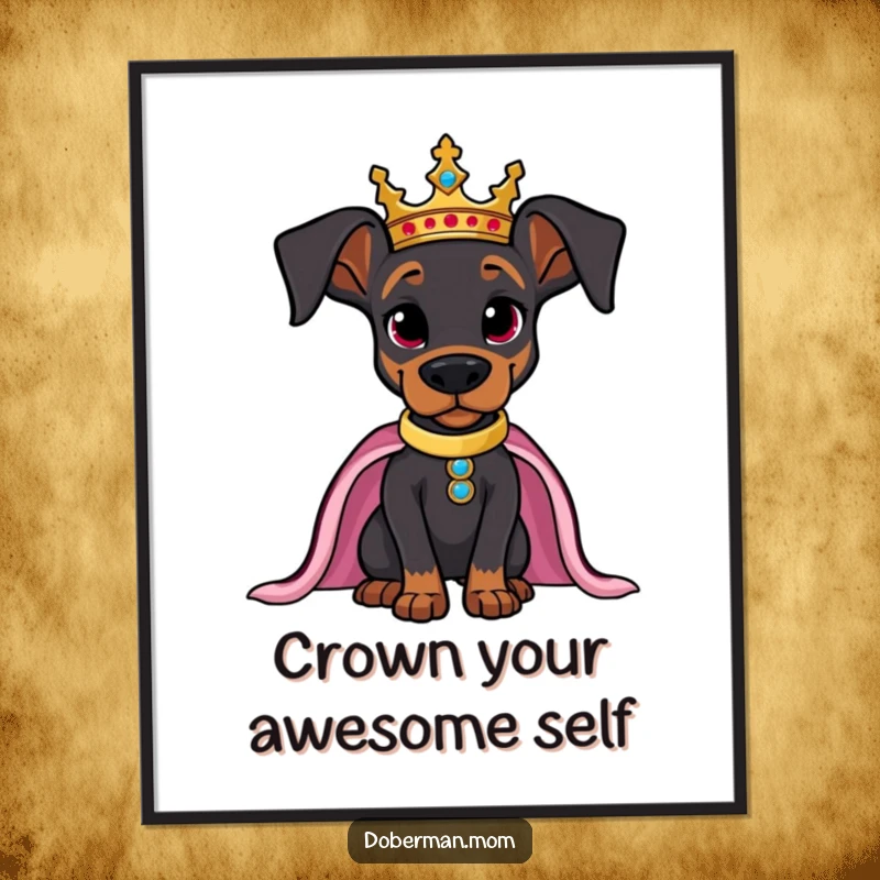 Funny Free Printable Wall Art: Doberman dog wearing a golden crown, posing confidently like a royal monarch. Art.
