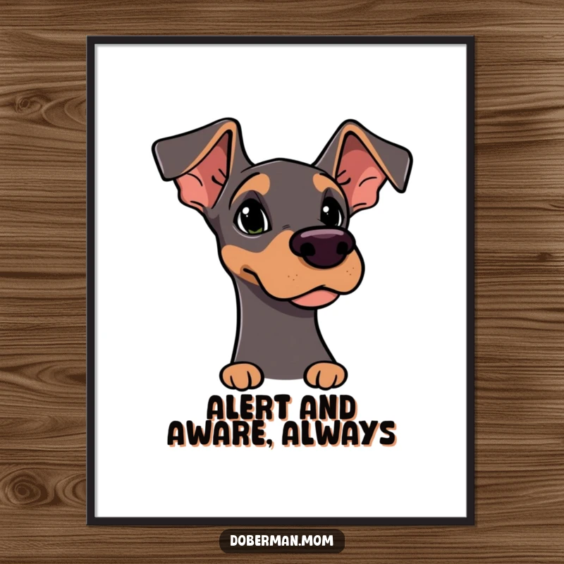 Funny Free Printable Wall Art: Doberman character with alert ears, curiously sniffing the air, adding intrigue to decor.