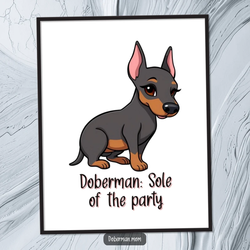 Funny free printable Doberman wall art, a dog with a knowing wink presents a single, perfectly polished boot, sophisticated humor.