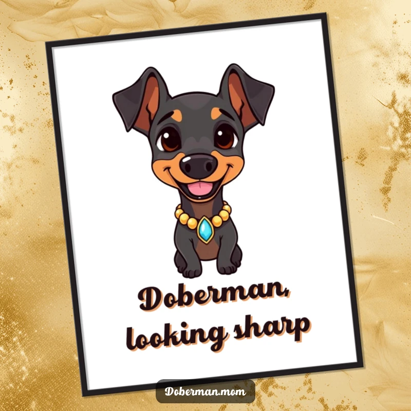 Funny Free Printable wall art of a Doberman with a jeweled collar, smiling confidently, adding a touch of regal charm.
