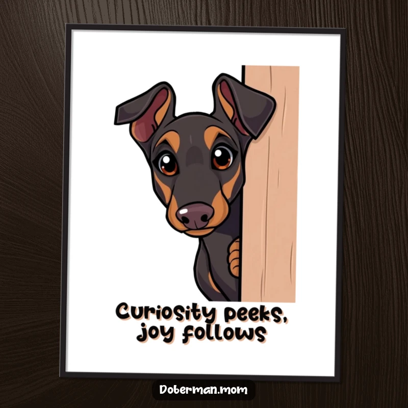 Engaging free printable wall art showing a curious Doberman peeking around a corner with wide, inquisitive eyes, full of wonder.