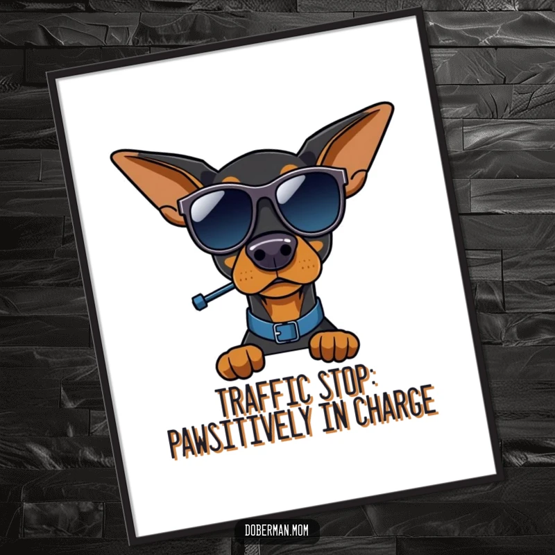 Funny Free Printable wall art: A Doberman dog wearing sunglasses and directing traffic with a tiny whistle, a humorous statement piece.