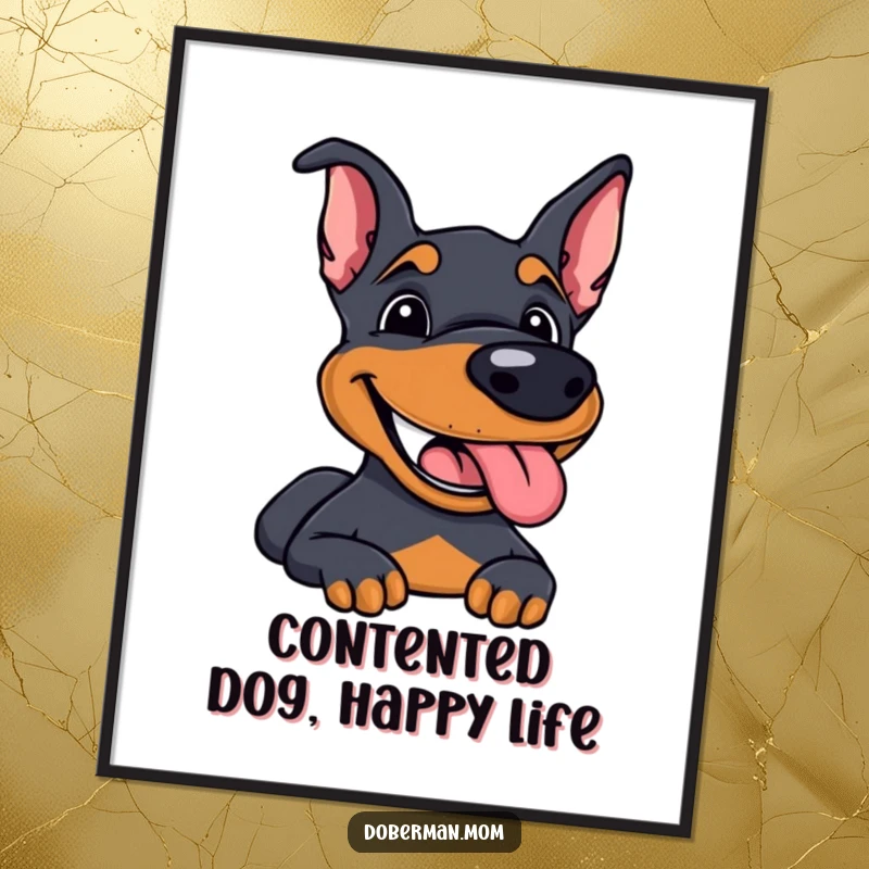 Funny Free Printable Doberman Wall Art: A happy, panting dog with a big grin, ideal for downloadable decor.