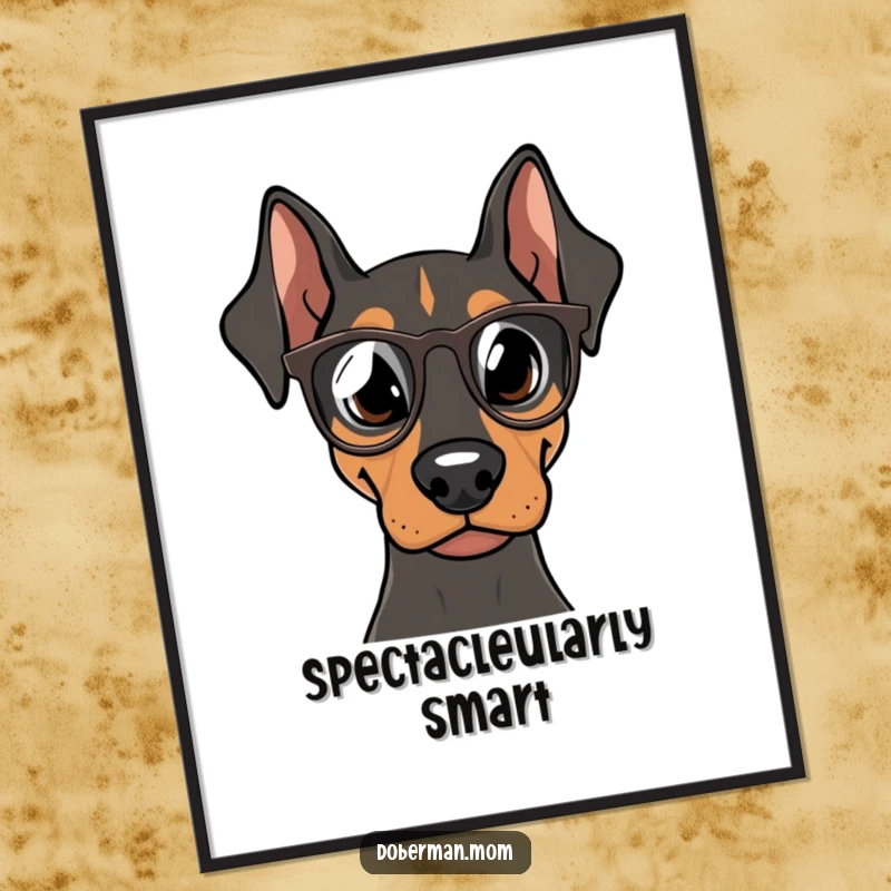 Funny Free Printable wall art featuring a Doberman dog wearing tiny stylish spectacles, exuding an air of scholarly sophistication.