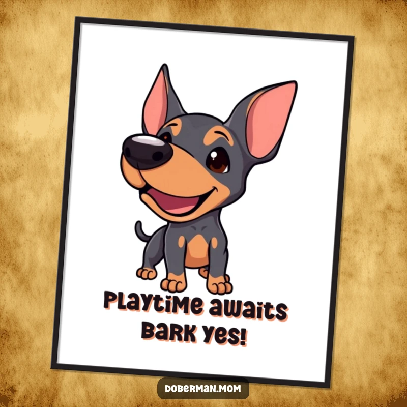 Funny Free Printable Doberman Wall Art: A dog with a playful bark inviting interaction, perfect for downloadable decor.