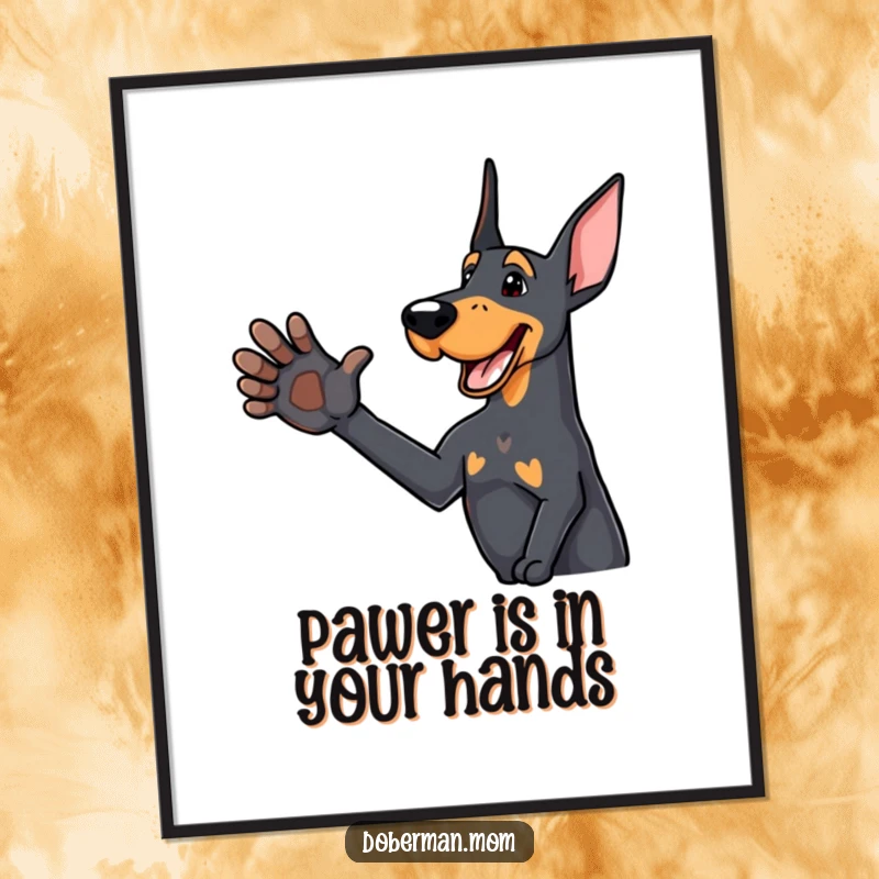 Funny Free Printable Wall Art of a delighted Doberman dog offering a friendly paw for a handshake, exuding warmth and welcome.
