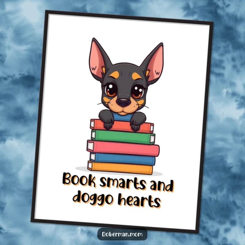Funny Free Printable Wall Art: A Doberman with a serious, determined gaze balances a large stack of old books.