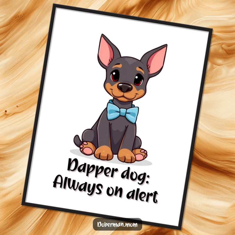 Funny Free Printable Wall Art depicting a Doberman dog wearing a smart bow tie, sitting attentively with an air of cool sophistication.