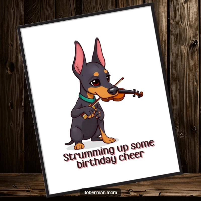 Funny Free Printable Wall Art: Doberman dog in a serious pose, attempting to play a miniature violin piece.