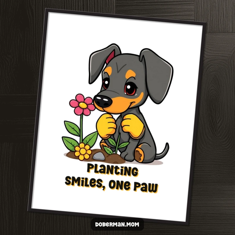 Funny Free Printable Wall Art: Doberman wearing gardening gloves, happily planting a colorful, vibrant flower. Garden art.