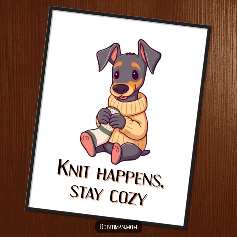 Funny Free Printable Wall Art: A Doberman in a cozy sweater diligently knitting a tiny sock, adding comfort to your decor.