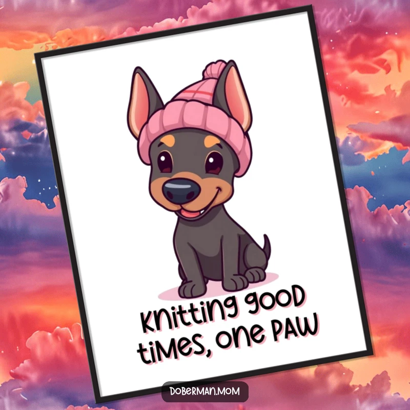 Funny Free Printable wall art: A Doberman dog wearing a knitted hat and giving a friendly wave, full of warmth.