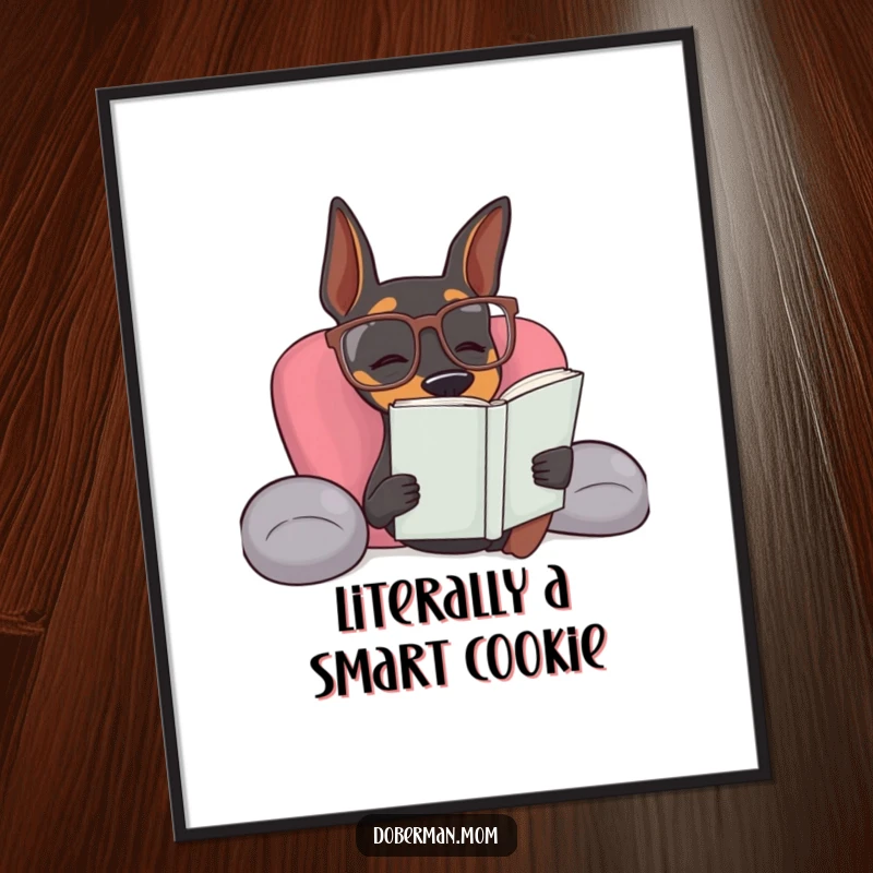 Funny Free Printable Doberman wearing reading glasses relaxing peacefully as downloadable wall art.