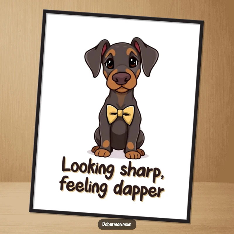 Funny Free Printable Wall Art: A proud Doberman stands tall, impeccably adorned in a tiny, elegant bow tie.