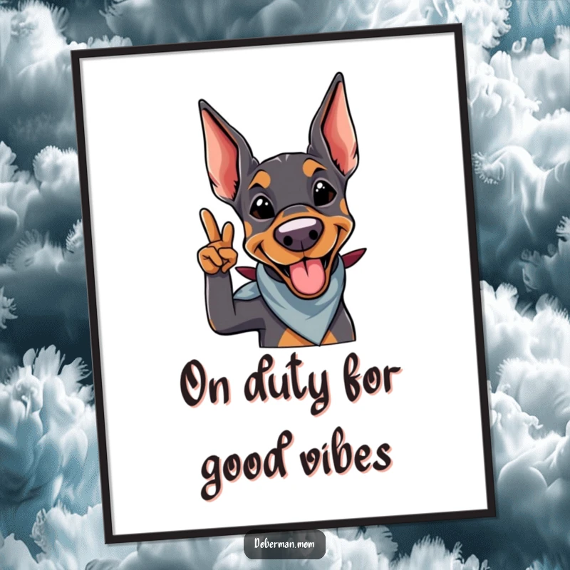 Funny Free Printable Doberman Wall Art: Smiling Doberman with a bandana giving a playful salute.