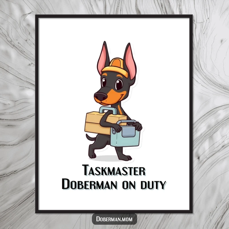 Funny Free Printable Doberman Handyman Wall Art: A Doberman dog with a toolbox is ready for any task, adding practical humor to decor.