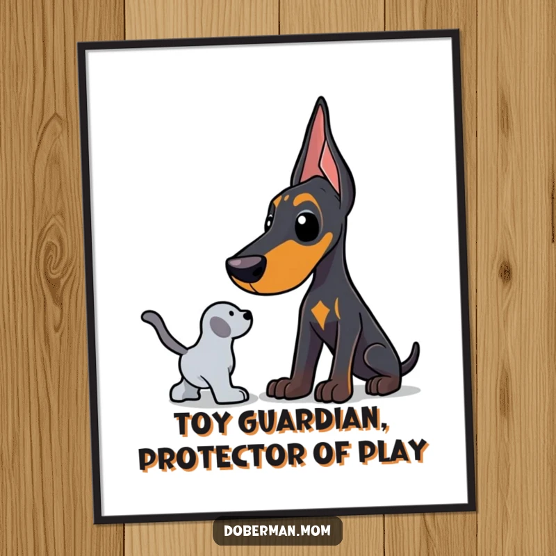 Funny Free Printable Wall Art: A Doberman in a vigilant, protective stance, intently watching over a cherished toy.