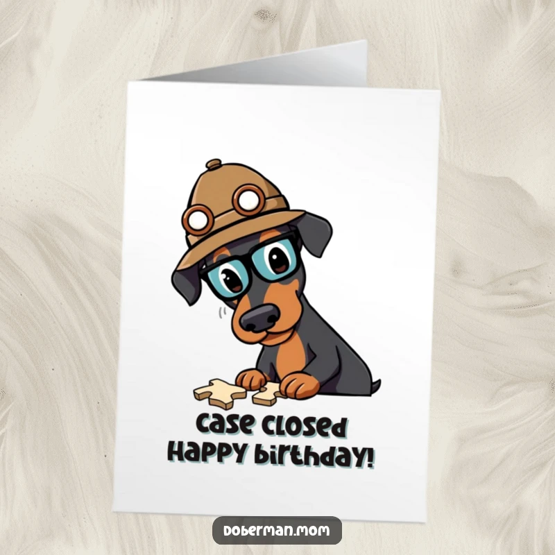 Funny Free Printable Birthday Card: Doberman detective in hat intensely solving a puzzle, adding a touch of mystery and humor.