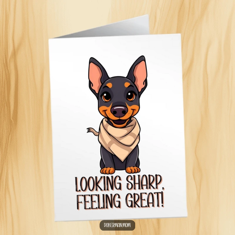 Funny Free Printable Birthday Card: A Doberman with a confident smile and a small, stylish scarf, looking dapper.