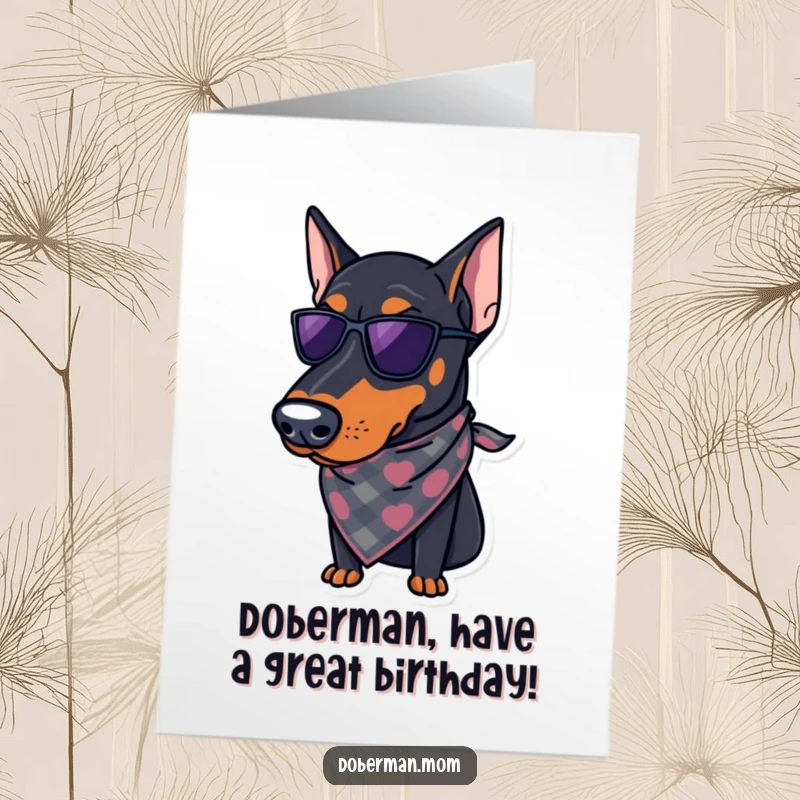 Funny Free Printable Birthday Card featuring a regal Doberman dog wearing a stylish bandana, ready to celebrate.