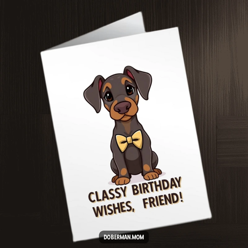 Funny Free Printable Birthday Card: A distinguished Doberman stands proudly in a tiny, elegant bow tie.