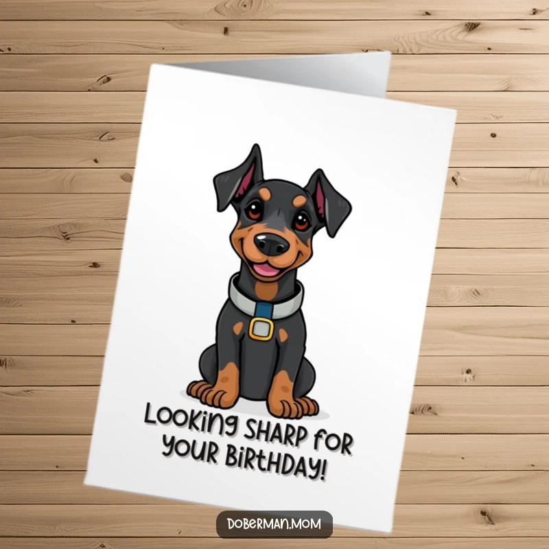 Funny Free Printable Birthday Card: Doberman wearing a polished collar, smiling with understated confidence.
