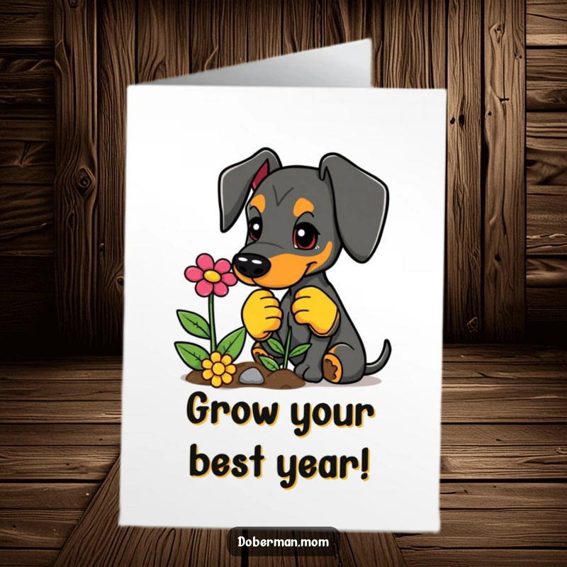Funny Free Printable Birthday Card: Doberman in gardening gloves happily planting a colorful flower. DIY.