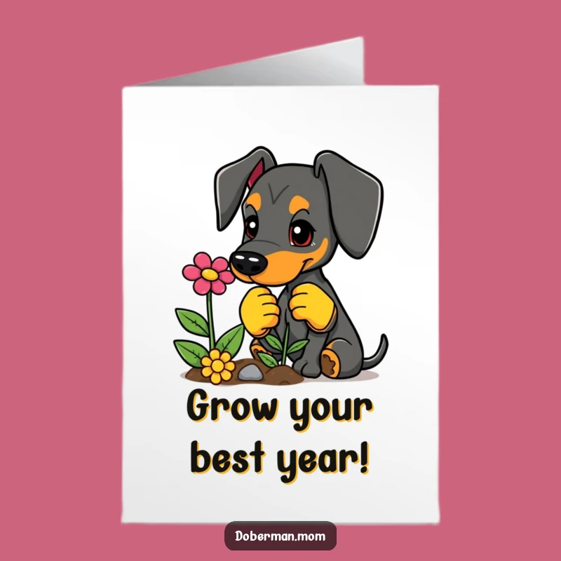 Free Printable Birthday Card: Doberman Gardener Planting Fun - Downloadable Gift