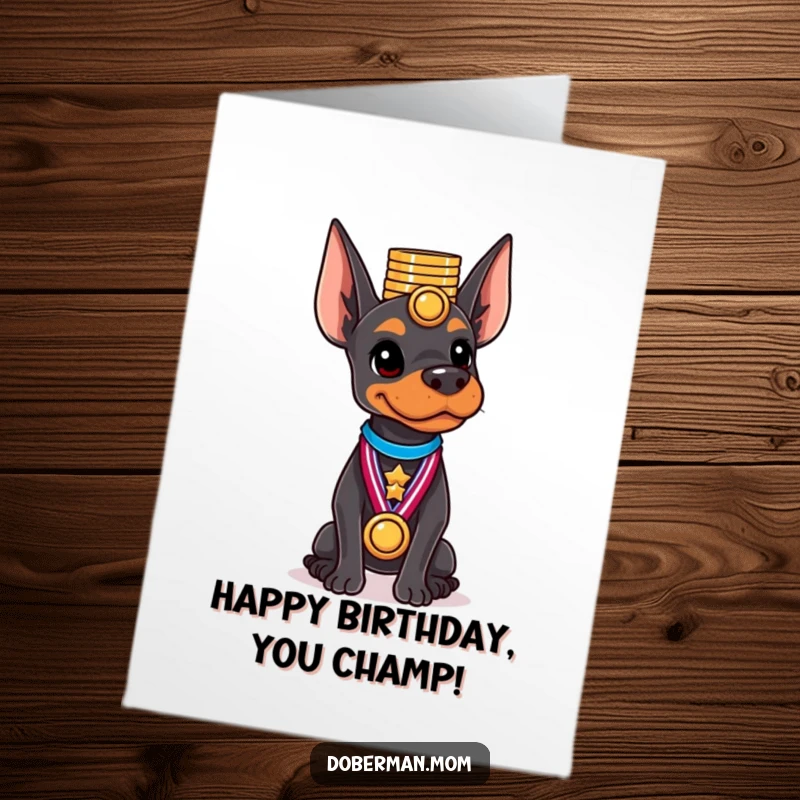 Funny Free Printable Birthday Card: Doberman proudly balances a stack of shiny medals on its head, a true winner.