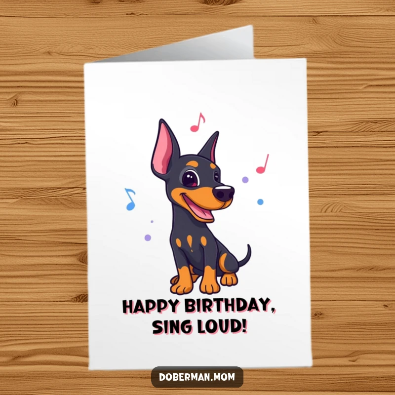 Funny Free Printable Birthday Card: Doberman with a musical note, dancing to a lively rhythm. DIY.