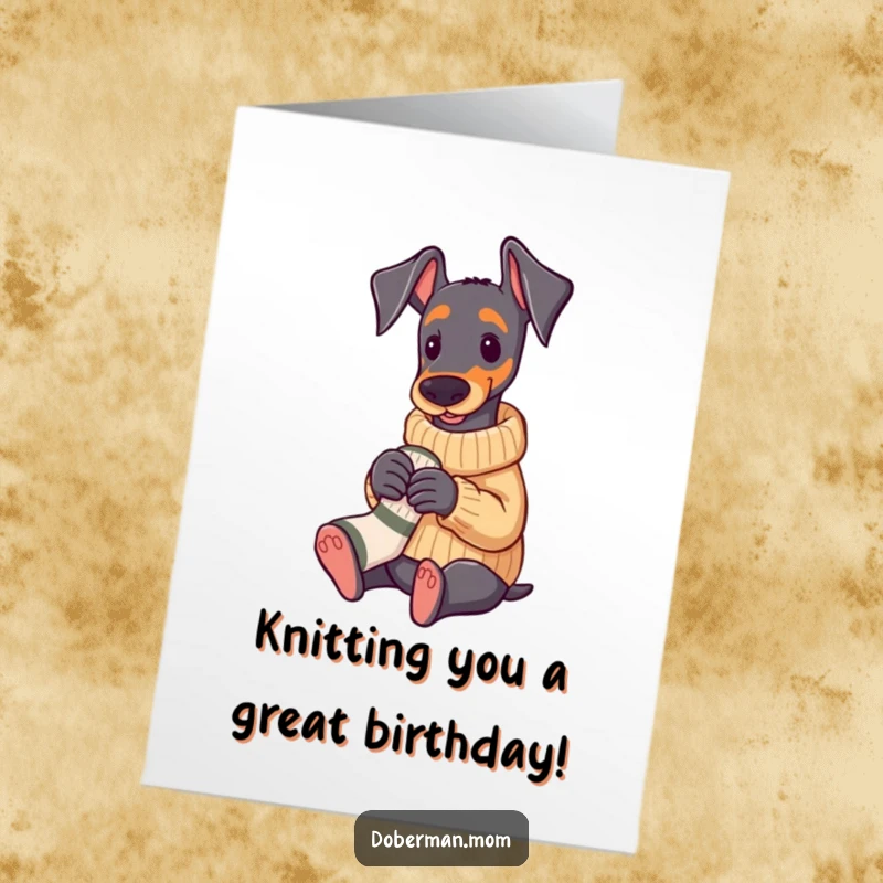 Funny Free Printable Birthday Card: Doberman in a cozy sweater knitting a tiny sock, sending warm birthday wishes.