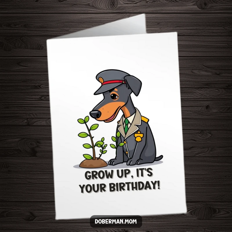 Funny Free Printable Birthday Card: Doberman in a smart uniform carefully tending to a very small sapling.