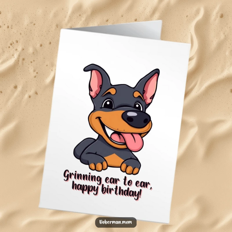 Funny Free Printable Doberman Birthday Card: A happy dog grinning and panting, ideal for a humorous downloadable gift.