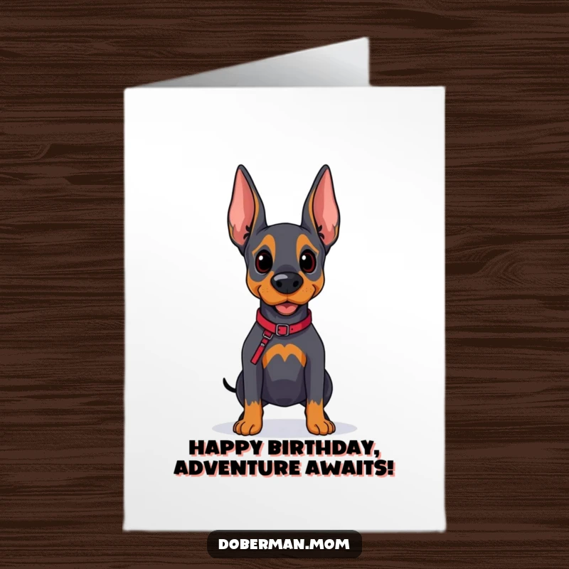 Funny Free Printable Doberman birthday card with a dog holding a leash and looking hopefully ahead.