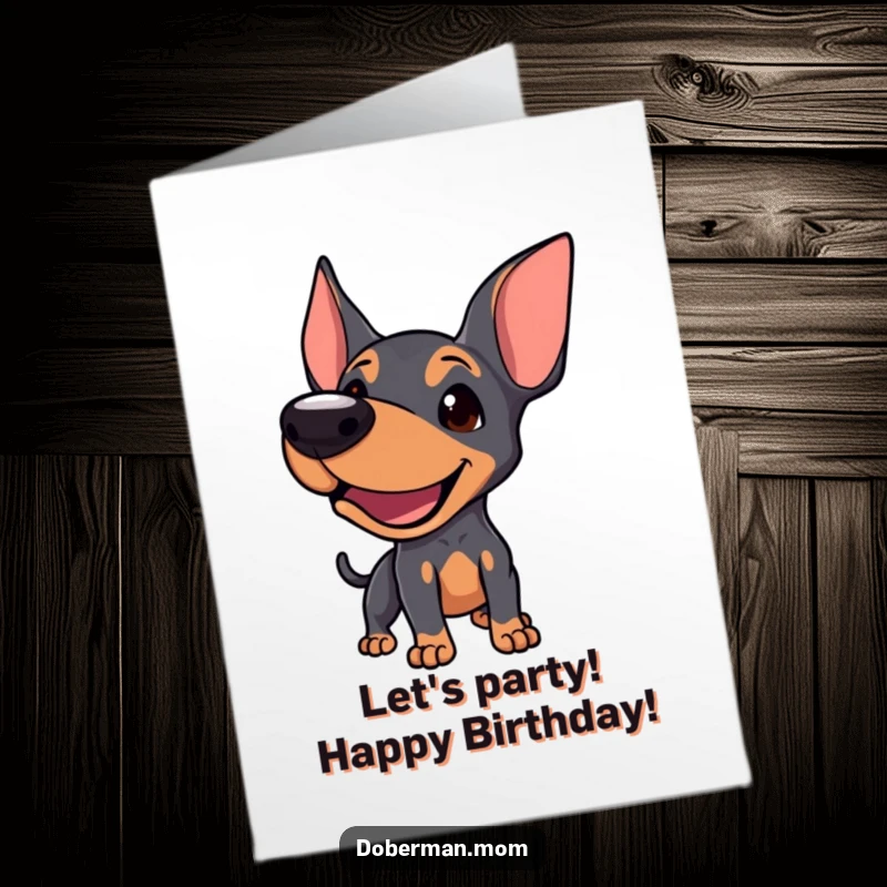 Funny Free Printable Doberman Birthday Card: A dog playfully barking, inviting interaction, perfect for a humorous downloadable gift.