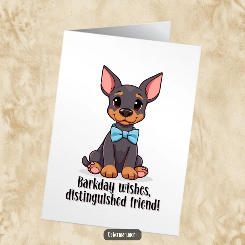 Funny Free Printable Birthday Card featuring a Doberman dog wearing a bow tie, sitting attentively with a nod to style.
