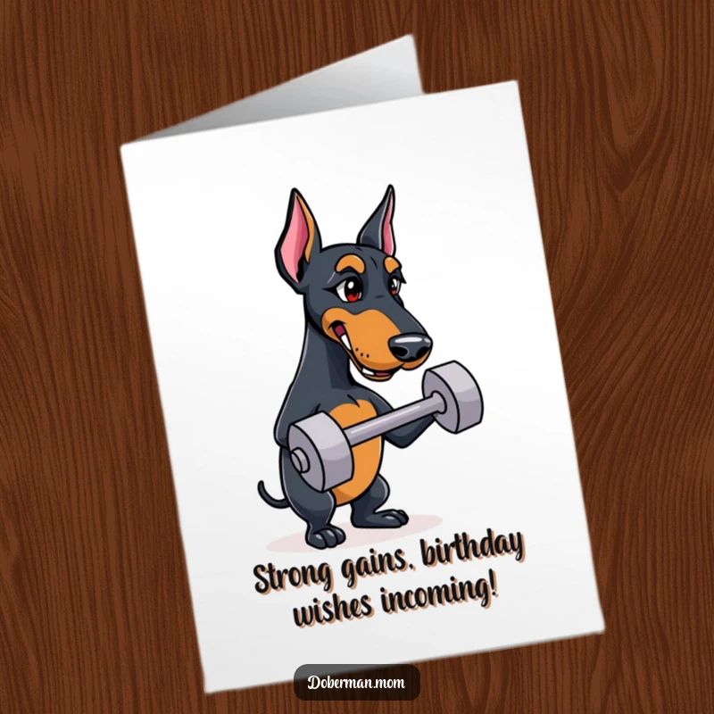 Funny free printable Doberman birthday card, a muscular dog intensely balancing a tiny dumbbell, ready to celebrate.