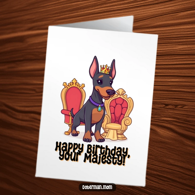 Funny Free Printable Birthday Card: A Doberman wearing a tiny crown, proudly standing by a miniature throne, looking regal.