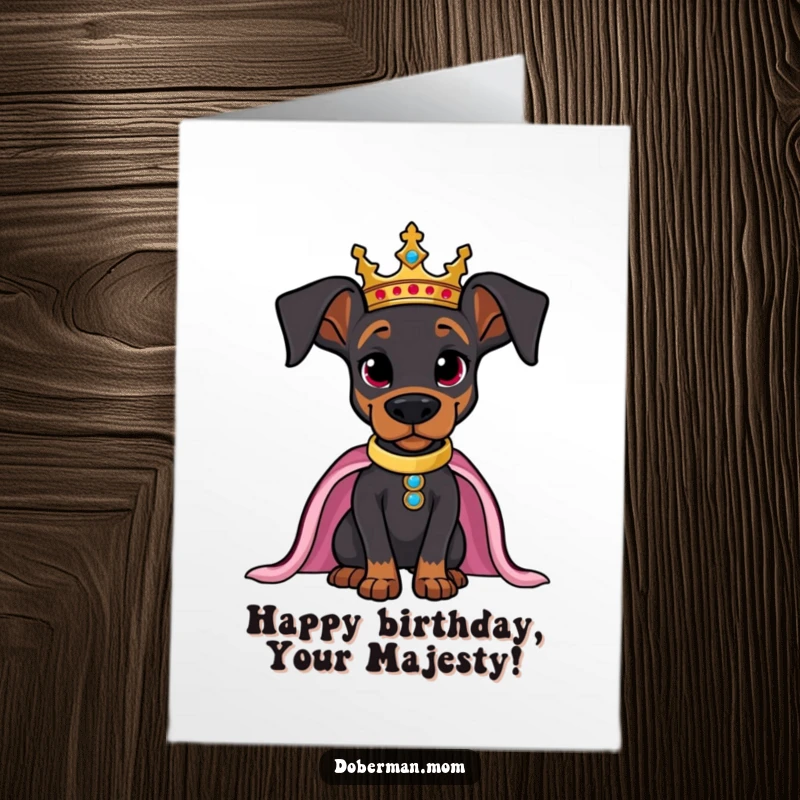 Funny Free Printable Birthday Card: Doberman wearing a golden crown, posing regally and confidently. DIY.