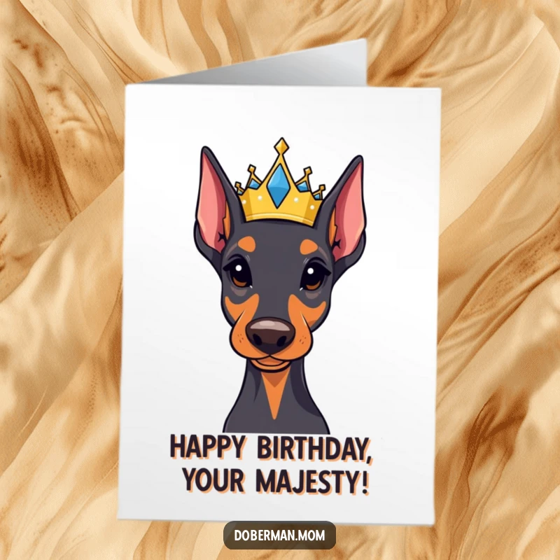 Funny Free Printable Birthday Card: Majestic Doberman wearing a small, sparkling jeweled crown with a proud gaze.