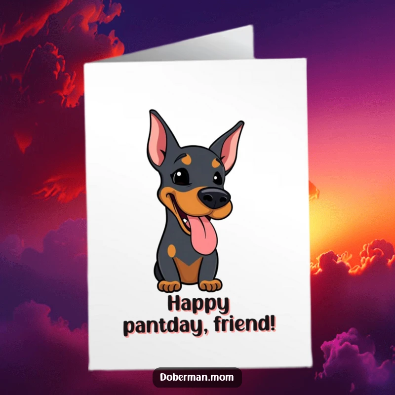 Funny Free Printable Happy Birthday Card featuring a Doberman panting happily with its tongue slightly out, full of glee.
