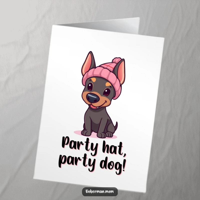 Funny Free Printable birthday card: A Doberman in a knitted hat waves cheerfully, sending warm, fuzzy birthday greetings.