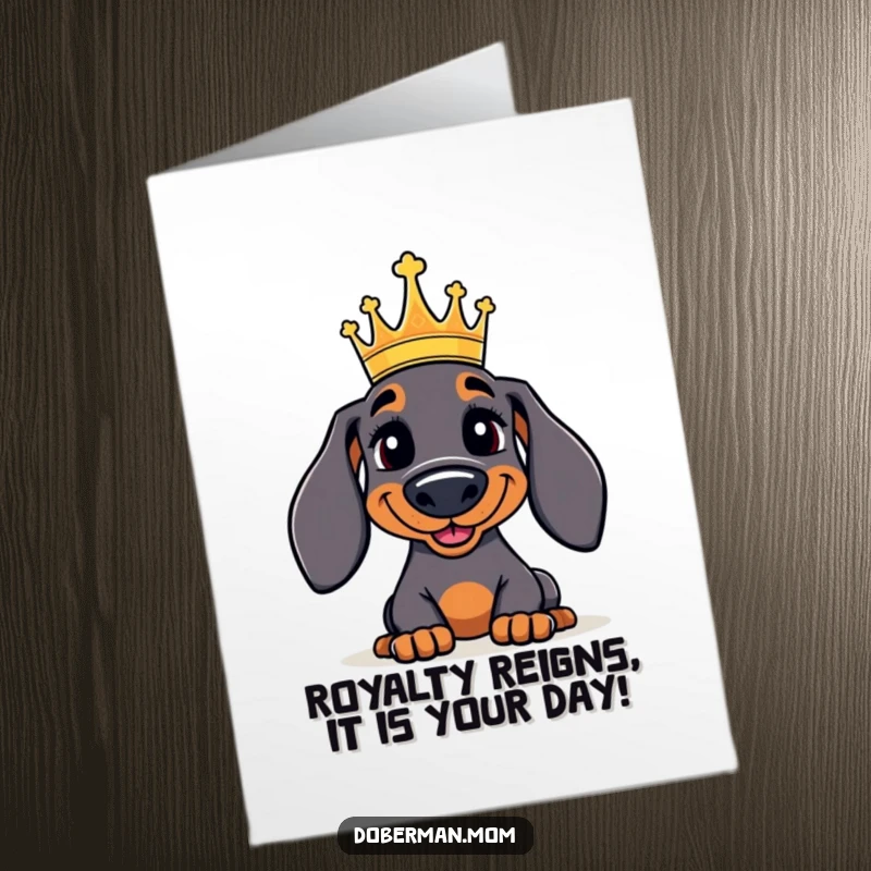 Funny Free Printable Birthday Card featuring a jolly Doberman dog wearing a small crown, looking regal and ready to party.